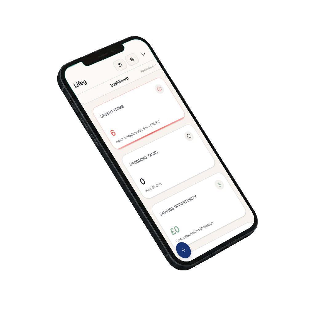 Lifey app showing unified calendar, subscriptions, and deadline reminders on a smartphone